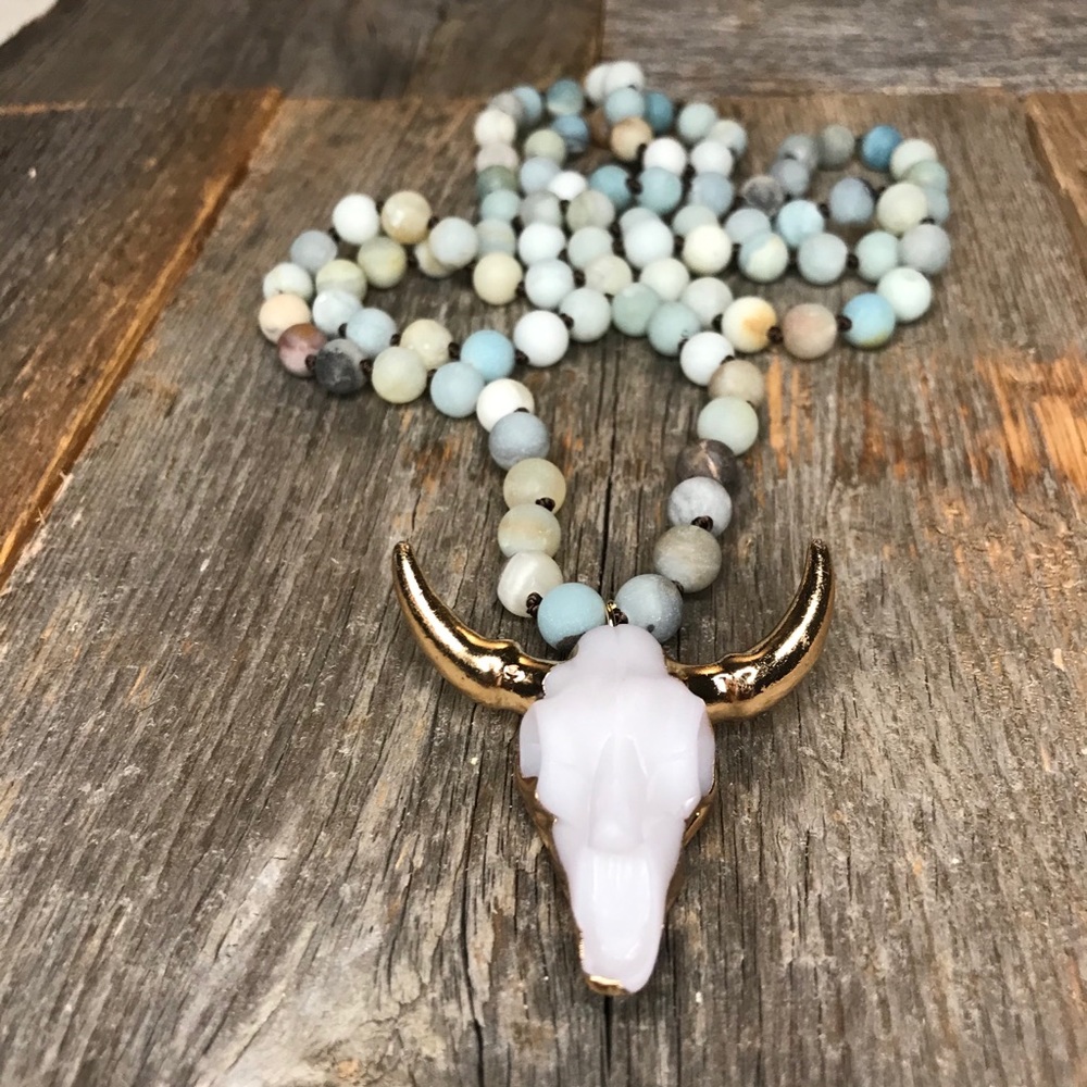 Natural Amazonite Stone Skull Bohemian Necklace - Picture 6 of 6